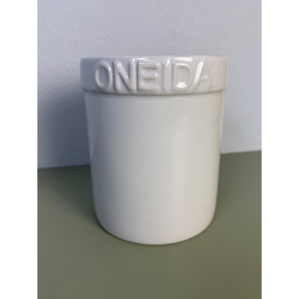 Oneida Utensil Kitchen Tool Crock Large White Ceramic Embossed Logo Farmhouse
